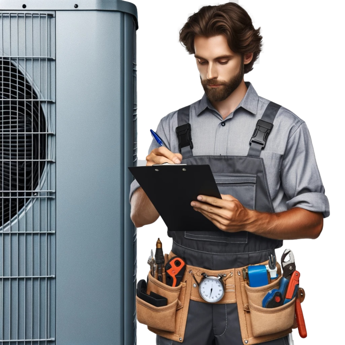 hvac technician checking a maintenance list